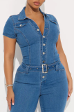 Blue Casual Solid Color With Belt Turndown Collar Short Sleeve Regular Denim Jumpsuits