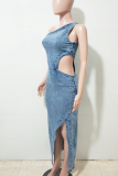 The cowboy blue Sexy Solid Color Slit Oblique Collar Sleeveless Regular Denim Dresses