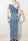 The cowboy blue Sexy Solid Color Slit Oblique Collar Sleeveless Regular Denim Dresses