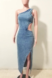 The cowboy blue Sexy Solid Color Slit Oblique Collar Sleeveless Regular Denim Dresses