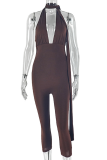 Dark Brown Sexy Solid Color Patchwork V Neck Skinny Jumpsuits