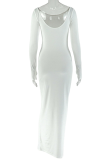 White Elegant Solid Color Ruched O Neck Long Dresses