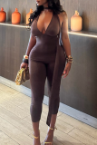 Dark Brown Sexy Solid Color Patchwork V Neck Skinny Jumpsuits