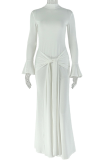 White Elegant Solid Color Strap Design O Neck Long Dresses