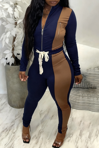 Tibetan Blue Casual Contrast Zipper Collar Long Sleeve Two Pieces