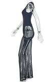 Black Sexy Solid Color See-Through O Neck Skinny Jumpsuits