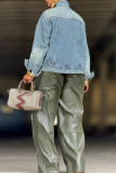 Blue Casual Solid Color Buckle Mandarin Collar Long Sleeve Denim Jacket