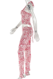 Red Sexy Print Backless Halter Sleeveless Two Pieces