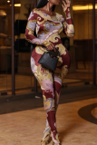 Colour Casual Print Contrast O Neck Skinny Jumpsuits