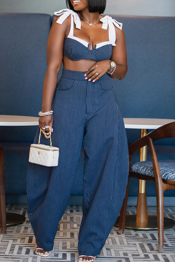 Blue Sexy Stripe Strap Design Spaghetti Strap Sleeveless Two Pieces