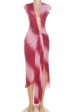 Red Sexy Print Slit Deep V Neck Irregular Dresses