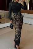 Black Sexy Animal Print Patchwork O Neck Long Sleeve Two Pieces