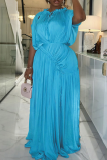 Sky Blue Elegant Solid Color Ruched O Neck Long Dresses