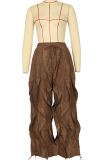 Coffee Casual Solid Color Draw String Loose Conventional Patchwork Bottoms
