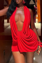 Red Sexy Solid Color Ruched Deep V Neck Wrapped Skirt Dresses