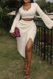 Cream White Sexy Solid Color Slit O Neck Long Sleeve Two Pieces