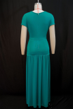 Cyan Green Elegant Solid Color Slit Ruched V Neck Long Dresses