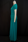 Cyan Green Elegant Solid Color Slit Ruched V Neck Long Dresses