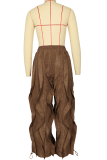 Coffee Casual Solid Color Draw String Loose Conventional Patchwork Bottoms