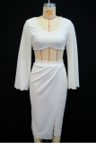 Cream White Sexy Solid Color Slit O Neck Long Sleeve Two Pieces