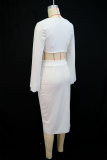 Cream White Sexy Solid Color Slit O Neck Long Sleeve Two Pieces