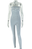 Blue White Sexy Stripe Contrast Halter Skinny Jumpsuits