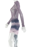 Black Gray Sexy Gradient Ruched O Neck Wrapped Skirt Dresses