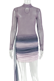 Black Gray Sexy Gradient Ruched O Neck Wrapped Skirt Dresses