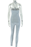 Blue White Sexy Stripe Contrast Halter Skinny Jumpsuits