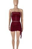 Burgundy Sexy Solid Color Cross Straps Strapless Sleeveless Two Pieces