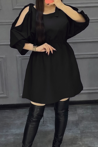 Black Elegant Solid Color Hollow Out O Neck Long Dresses