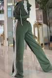 Army Green Casual Solid Color Draw String Turndown Collar Long Sleeve Two Pieces