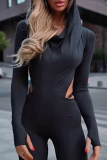 Black Sexy Solid Color Hollow Out Hooded Skinny Jumpsuits