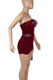 Burgundy Sexy Solid Color Cross Straps Strapless Sleeveless Two Pieces