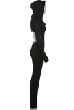 Black Sexy Solid Color Hollow Out Hooded Skinny Jumpsuits