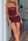 Burgundy Sexy Solid Color Cross Straps Strapless Sleeveless Two Pieces