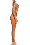 Orange Sexy Print Hollow Out O Neck Skinny Jumpsuits