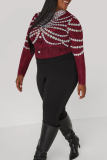 Black Casual Print Contrast O Neck Plus Size Tops