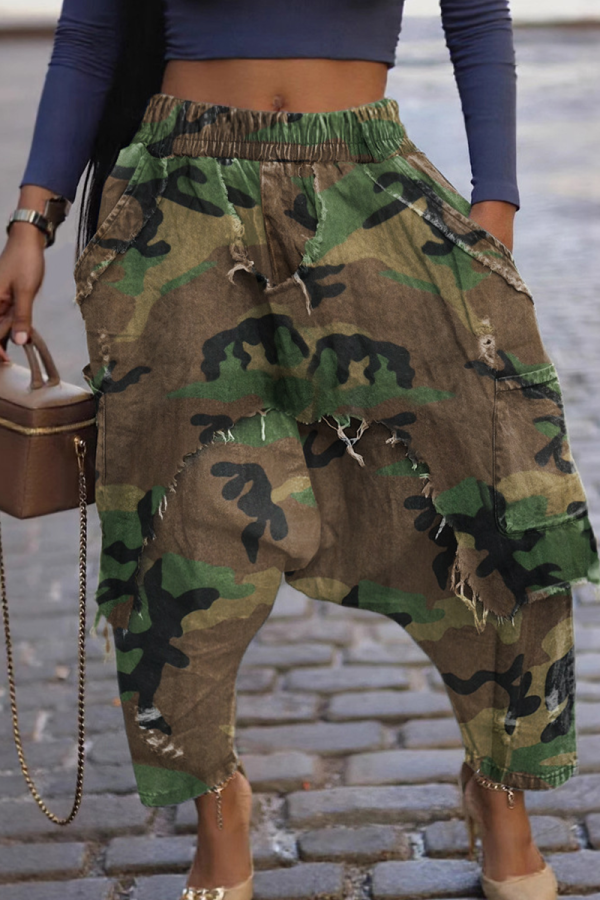 Green Casual Camouflage Print Pocket Harlan Full Print Bottoms