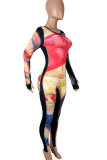 Colour Casual Print Patchwork O Neck Skinny Jumpsuits