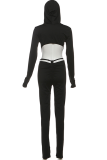 Black Sexy Solid Color Hollow Out Hooded Skinny Jumpsuits