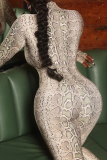 Orange Sexy Print Hollow Out O Neck Skinny Jumpsuits