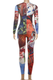 Green Casual Print Patchwork O Neck Skinny Jumpsuits