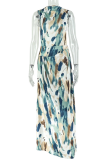 Colour Elegant Print Ruched O Neck Long Dresses