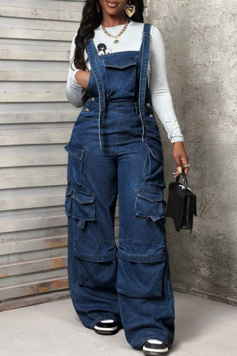 Deep Blue Casual Solid Color Pocket Sleeveless Loose Denim Jumpsuits