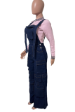 Deep Blue Casual Solid Color Pocket Sleeveless Loose Denim Jumpsuits