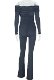 Black Casual Solid Color Ruched Off Shoulder Skinny Jumpsuits