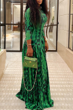 Green Elegant Print Patchwork Turtleneck Long Dresses