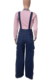 Deep Blue Casual Solid Color Pocket Sleeveless Loose Denim Jumpsuits