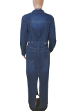 The cowboy blue Casual Solid Color Pocket Turndown Collar Long Sleeve Denim Jacket